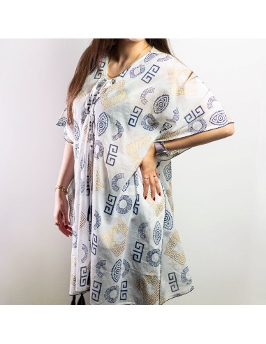 Kaftan nomade sari méditerranéen – Motif grec bleu & or, peint à la main