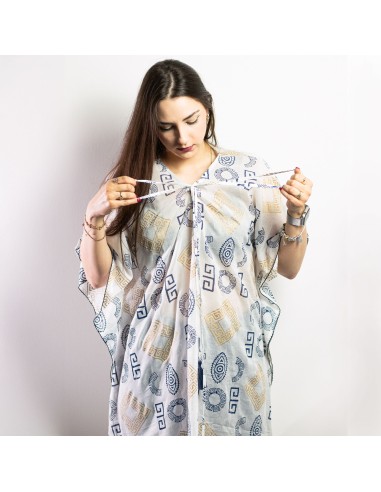 Kaftan nomade sari méditerranéen – Motif grec bleu & or, peint à la main