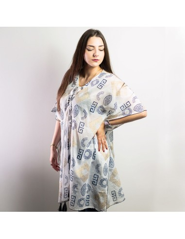 Kaftan nomade sari méditerranéen – Motif grec bleu & or, peint à la main