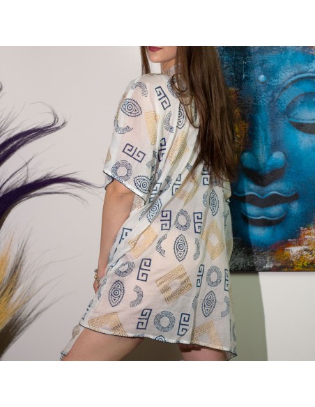 Kaftan nomade sari méditerranéen – Motif grec bleu & or, peint à la main