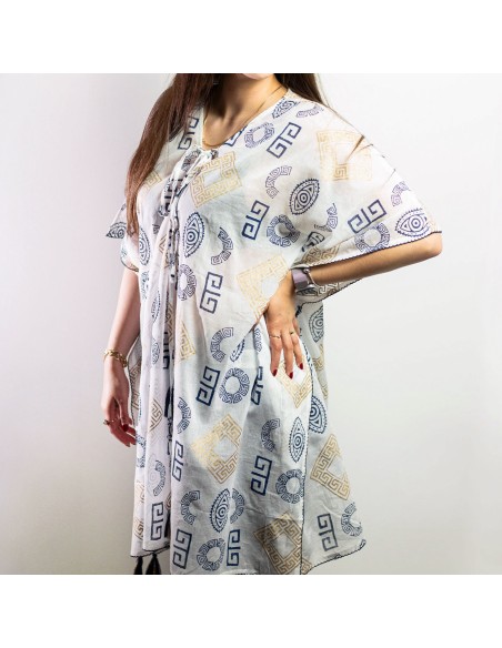 Kaftan nomade sari méditerranéen – Motif grec bleu & or, peint à la main