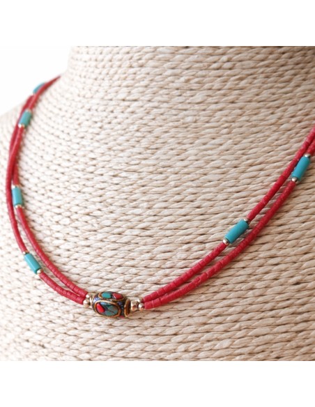Collier népalais perles doubles – Rose & turquoise