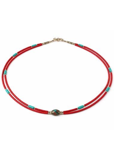 Collier népalais perles doubles – Rose & turquoise