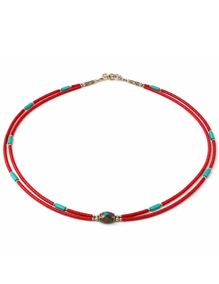 Collier népalais perles doubles – Rose & turquoise
