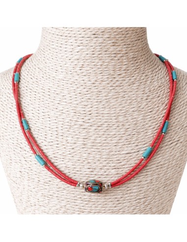 Collier népalais perles doubles – Rose & turquoise
