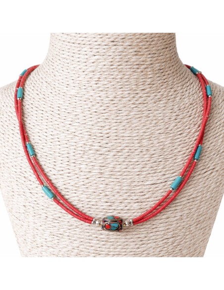Collier népalais perles doubles – Rose & turquoise