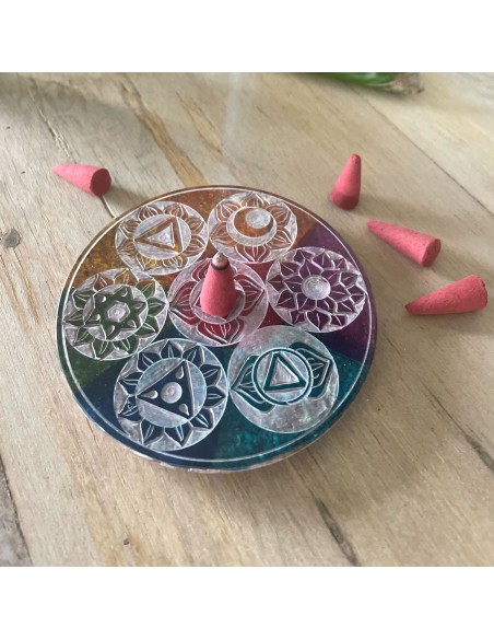Porte?encens à cône en stéatite – Sept chakras