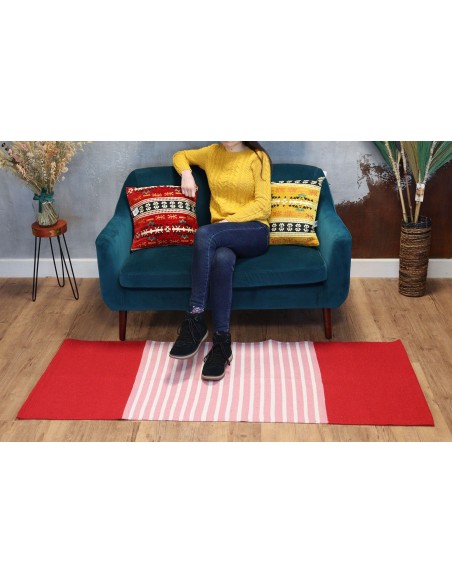 Tapis indien en coton tissé – Nuances rouge & rose