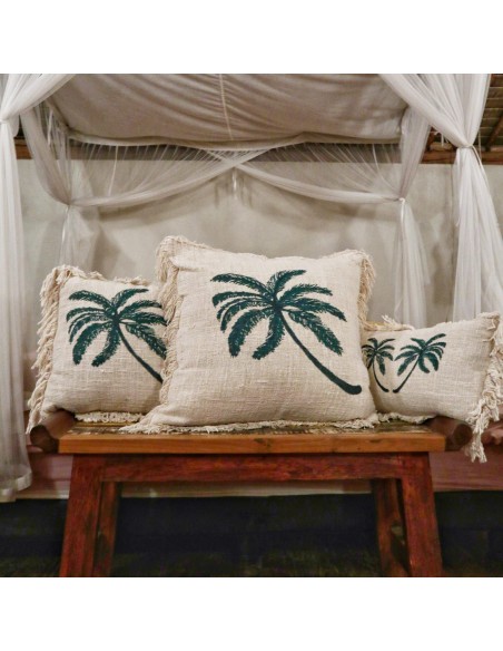 Housse de coussin en lin palmier à franges – Bohème zen