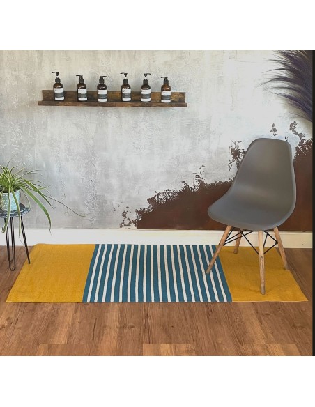 Tapis indien en coton tissé – Jaune & bleu solaire