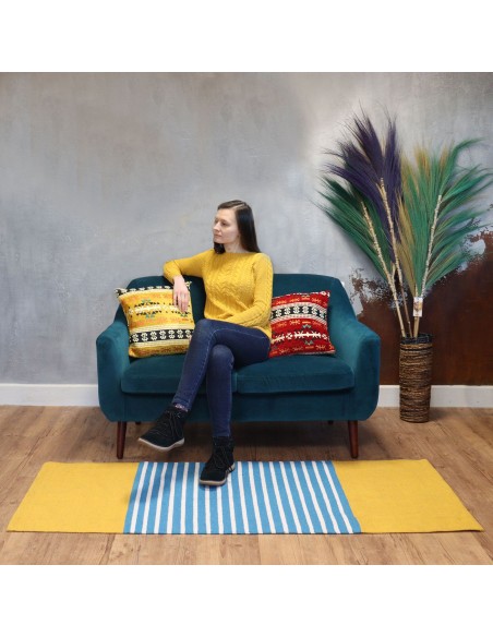 Tapis indien en coton tissé – Jaune & bleu solaire