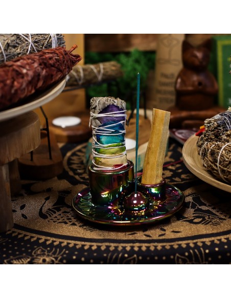 Support céramique pour palo santo & encens – Mandala Arc-en-ciel
