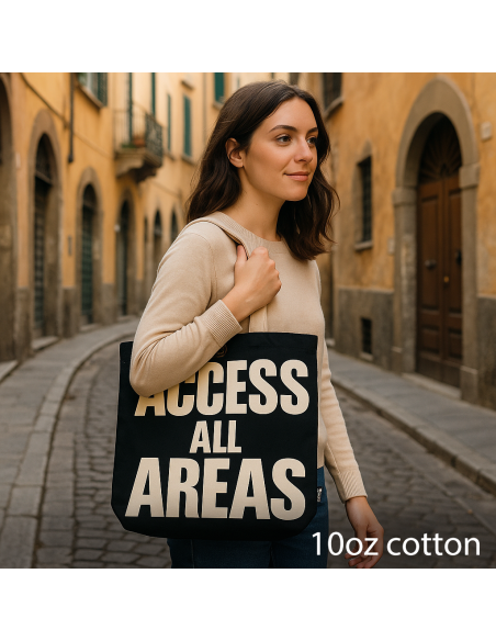 Sac cabas iconique – «?Accès toutes zones?» – Toile naturelle noire