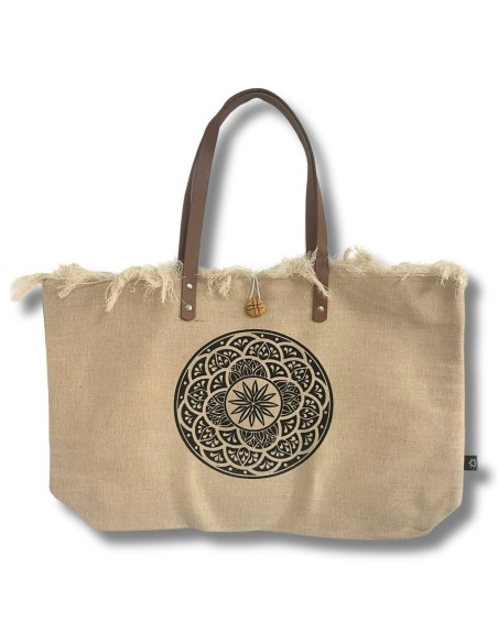 Grand sac naturel à anses cuir – Mandala