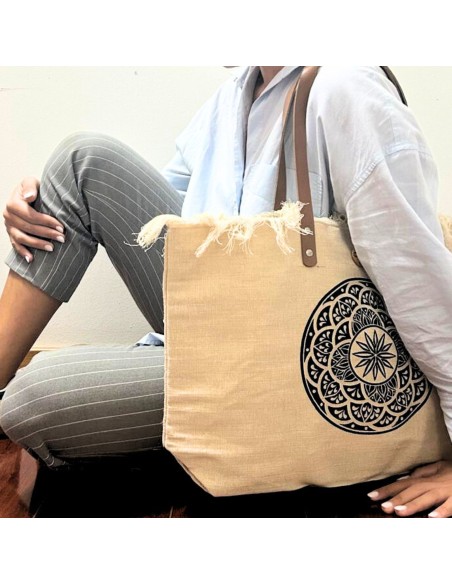 Grand sac naturel à anses cuir – Mandala