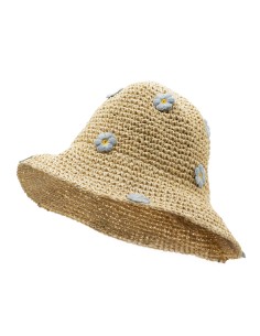 Chapeau de soleil nomade en paille – Fleurs beige & bleu