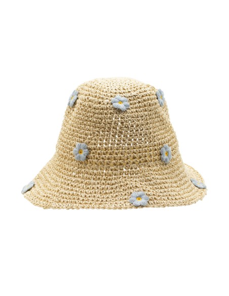 Chapeau de soleil nomade en paille – Fleurs beige & bleu