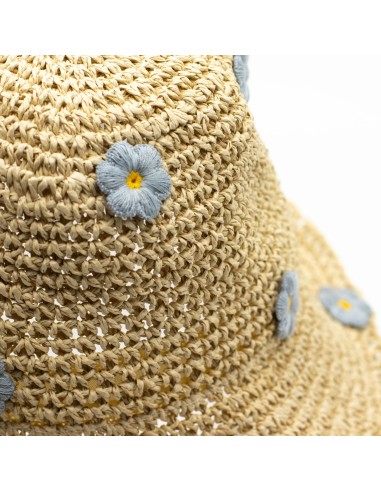 Chapeau de soleil nomade en paille – Fleurs beige & bleu