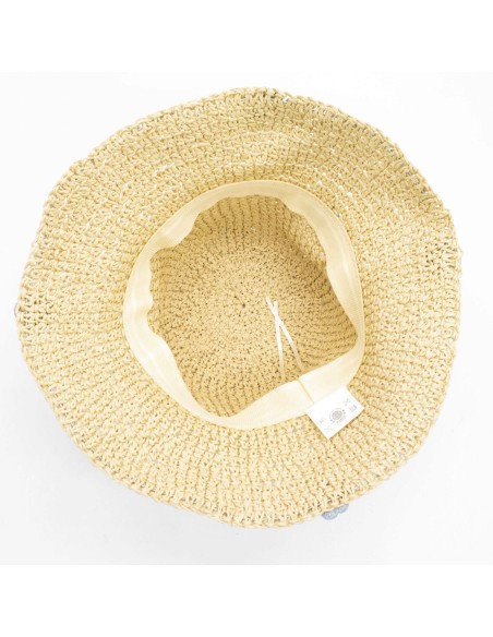 Chapeau de soleil nomade en paille – Fleurs beige & bleu