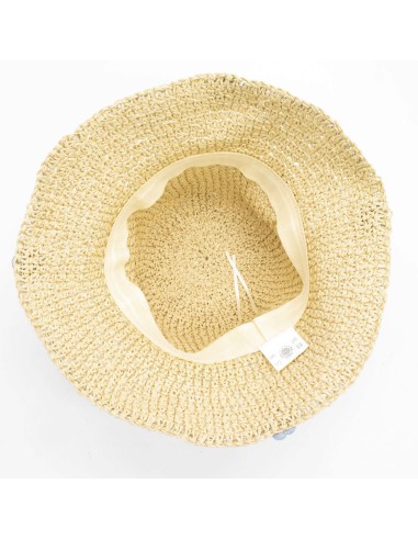 Chapeau de soleil nomade en paille – Fleurs beige & bleu