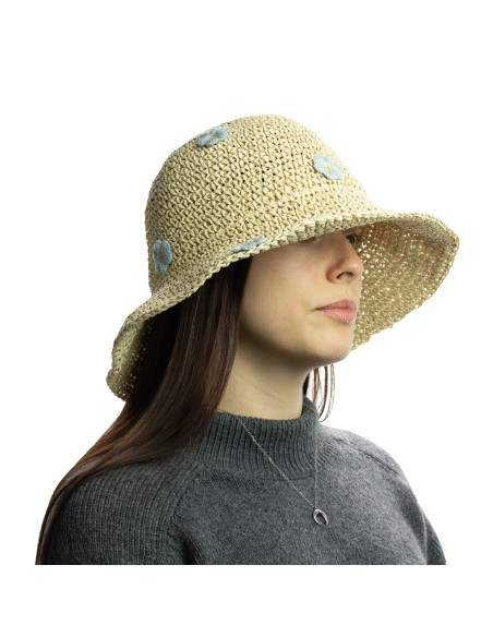 Chapeau de soleil nomade en paille – Fleurs beige & bleu