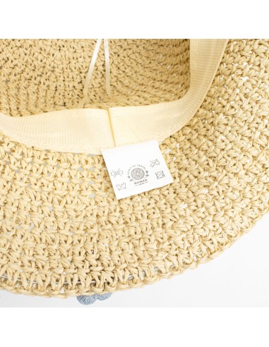 Chapeau de soleil nomade en paille – Fleurs beige & bleu