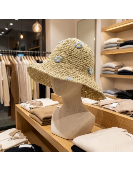 Chapeau de soleil nomade en paille – Fleurs beige & bleu