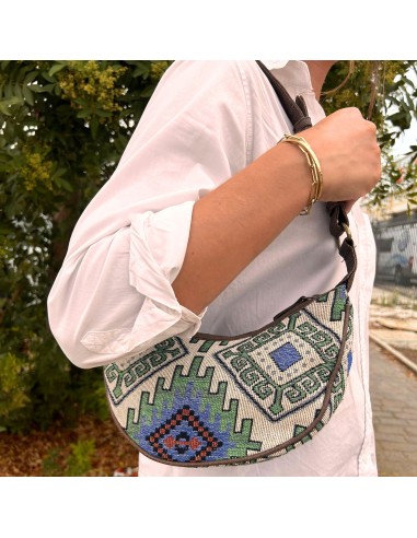 Sac hobo en jacquard – Géométrie verte (bandoulière marron)
