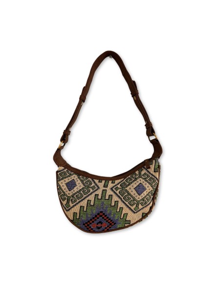 Sac hobo en jacquard – Géométrie verte (bandoulière marron)