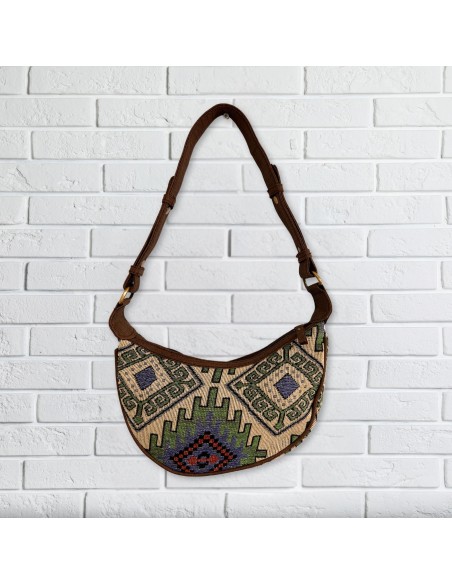 Sac hobo en jacquard – Géométrie verte (bandoulière marron)
