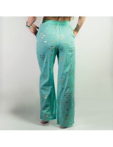Pantalon nomade sari méditerranéen – Poissons turquoise & or (M/L)