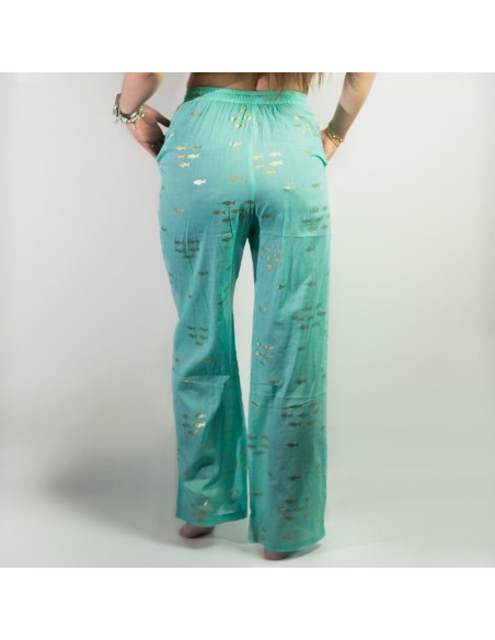 Pantalon nomade sari méditerranéen – Poissons turquoise & or (M/L)