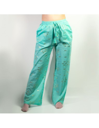 Pantalon nomade sari méditerranéen – Poissons turquoise & or (M/L)