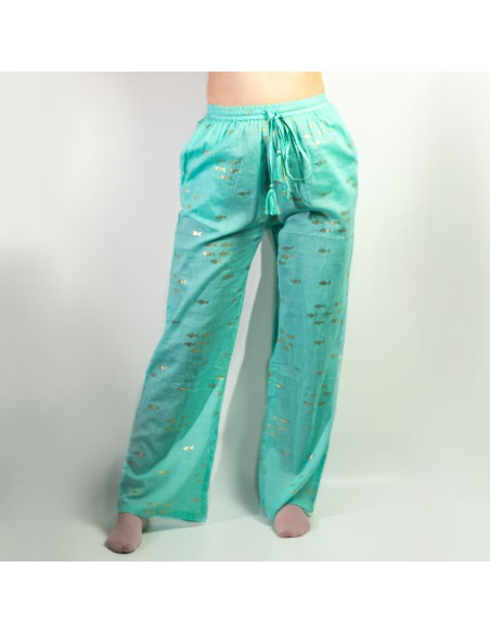 Pantalon nomade sari méditerranéen – Poissons turquoise & or (M/L)