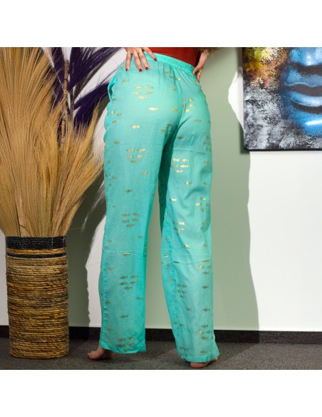 Pantalon nomade sari méditerranéen – Poissons turquoise & or (M/L)