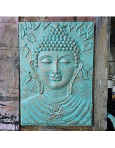 Grand panneau mural Bouddha turquoise en relief – Paix intérieure