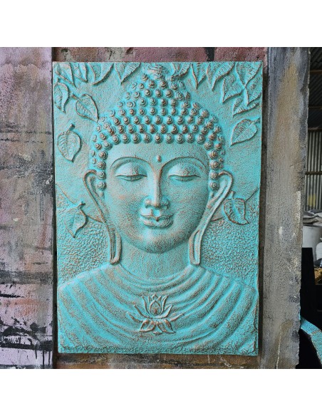 Grand panneau mural Bouddha turquoise en relief – Paix intérieure