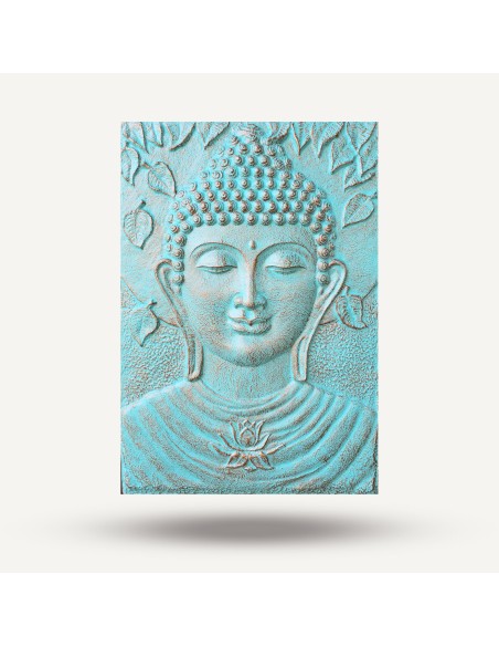 Grand panneau mural Bouddha turquoise en relief – Paix intérieure