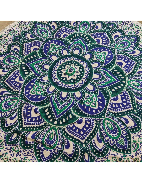 Mandala textile rond bleu & turquoise – Équilibre zen