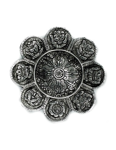 Porte?encens tibétain – Symboles traditionnels, aluminium poli
