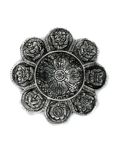 Porte?encens tibétain – Symboles traditionnels, aluminium poli