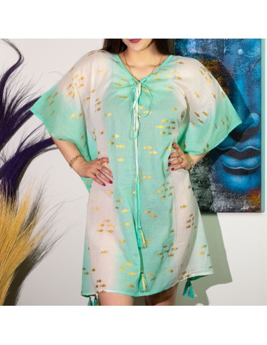 Kaftan nomade sari méditerranéen – Poissons blanc, turquoise & or