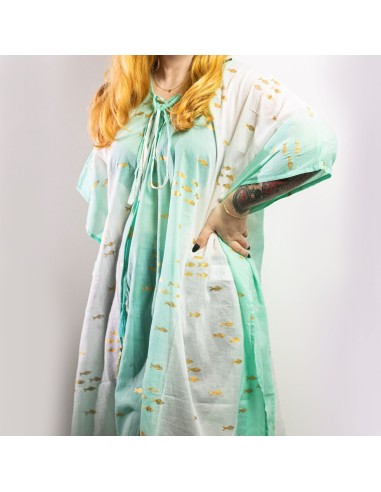 Kaftan nomade sari méditerranéen – Poissons blanc, turquoise & or