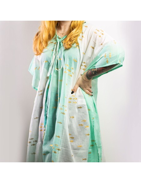 Kaftan nomade sari méditerranéen – Poissons blanc, turquoise & or