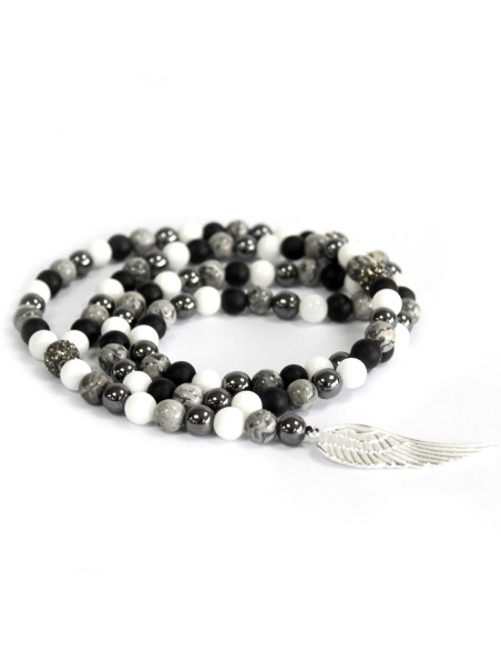 Collier aile d’ange en agate grise – Protection douce