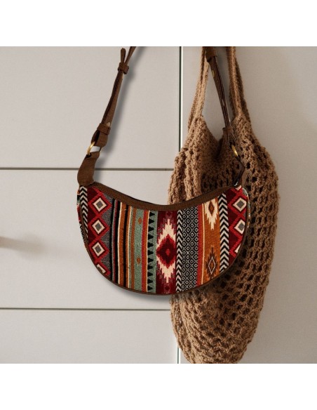 Sac hobo jacquard – Tons marron profonds (bandoulière marron)