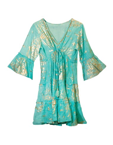 Robe Nomad Sari méditerranéenne – Corail turquoise & or (M/L)