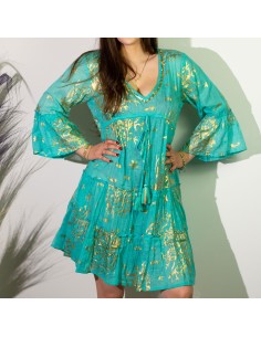 Robe Nomad Sari méditerranéenne – Corail turquoise & or (M/L)