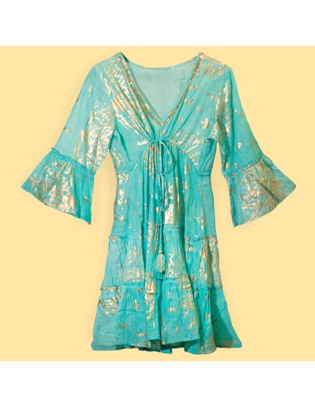 Robe Nomad Sari méditerranéenne – Corail turquoise & or (M/L)