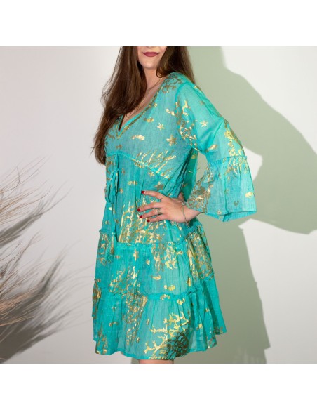 Robe Nomad Sari méditerranéenne – Corail turquoise & or (M/L)